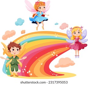 Cute fantasy fairies cartoon character flying over rainbow illustration