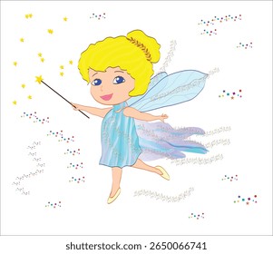 Cute fantasy fairy character with magic wand artistic vector illustration in children’s style isolated on white background