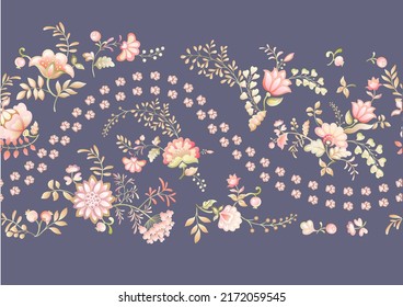 Cute fantasy flowers with cat paw prints. Animal and floral motif. Millefleurs trendy floral design. Seamless pattern, background. Vector illustration. Gradients colors