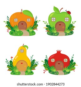 Cute fantasy fruit houses set, cartoon fairytale house for gnome or elf. Vector Illustration on a white background