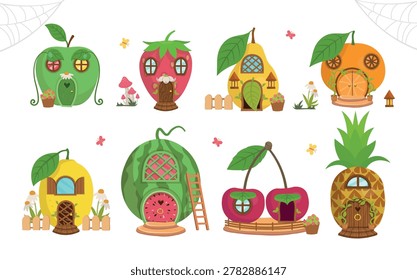 Cute fantasy fruit houses vector set isolated on background. Whimsical fairy fruit homes collection with apple, strawberry, pear, orange, lemon, watermelon, cherry and pineapple houses for kids design, stickers, nursery decor and storybook illustrations.