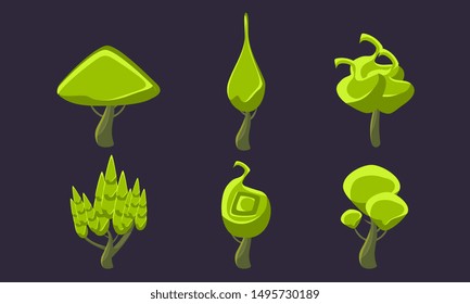 Cute Fantasy Green Trees Set, Fantastic Landscape Elements, Game Ui Scenics Vector Illustration