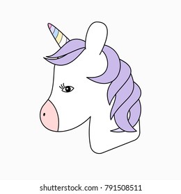 Cute fantasy head horse unicorn portrait. Picture for t-shirt graphics for kids and other uses. Design  for children.