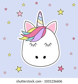 Cute fantasy head unicorn. Picture for t-shirt graphics for kids and other uses. Design for children.