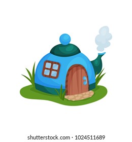 Cute fantasy house in form of blue teapot with little window and wooden door. Cartoon flat vector design for fairy tale book or mobile game