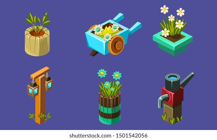 Cute Fantasy Landscape Elements Set, User Interface Assets for Mobile App or Video Game. Vector Illustration.