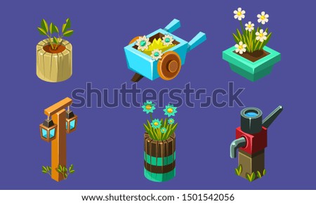 Cute Fantasy Landscape Elements Set, User Interface Assets for Mobile App or Video Game. Vector Illustration.