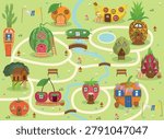 Cute fantasy map with winding roads and fruit and vegetable houses. Colorful landscape for children