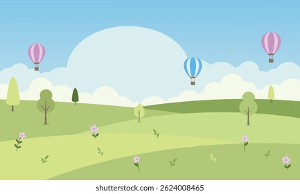 Cute fantasy meadow with trees and small purple flower and sky with clouds in the background