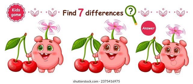 Cute fantasy monster alien and cherry berry fruit, find 7 difference education children puzzle game. Funny fictional humanoid mutant character. Compare picture. Kid logical learning worksheet. Vector 