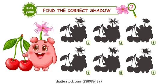 Cute fantasy monster alien and cherry berry fruit, find correct shadow shape. Children education puzzle game. Funny fairy mutant animal character. Search right silhouette. Kid logical worksheet vector