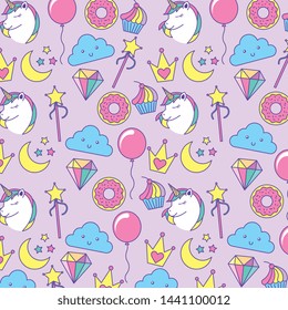 cute fantasy pattern with cloud diamonds unicorns magical wand crown moon with stars vector illustration