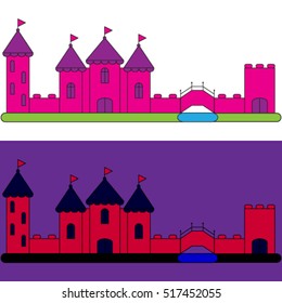 cute fantasy pink princess castle with towers and bridge cartoon vector