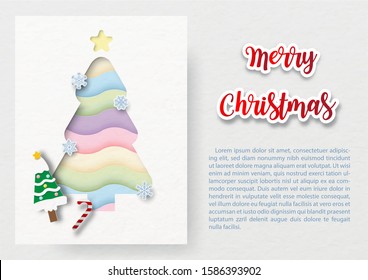 Cute and fantasy rainbow Christmas tree in paper cut style on white card with example texts and Merry Christmas lettering on white paper pattern background.