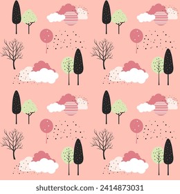 Cute fantasy seamless pattern. Scandinavian trees and clouds vector wallpaper. Childish background. 