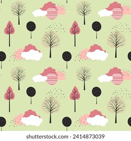 Cute fantasy seamless pattern. Scandinavian trees and clouds vector wallpaper. Childish background. 