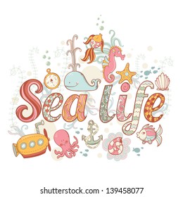 Cute fantasy summer sea card with underwater creatures