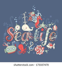 Cute fantasy summer sea card with underwater creatures