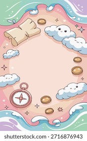 Lindo marco de mapa del tesoro de fantasía con nubes y monedas Vector de dibujos animados. Marco de desplazamiento de fantasía pastel. Fondo de aventura con nubes, brújula y monedas. Fondo de marco de mapa de fantasía kawaii.