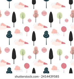 Cute fantasy trees seamless pattern. Childish background. Scandinavian spring trees vector pattern.
