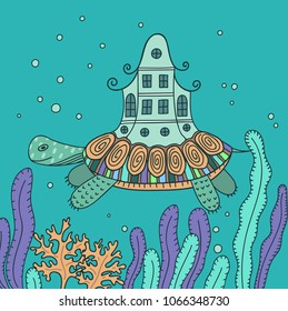 Cute fantasy turtle with house on his back. Underwater world vector illustration