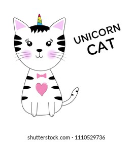 Cute fantasy unicorn cat. T-shirt design for kids. Greeting card. Vector illustration.