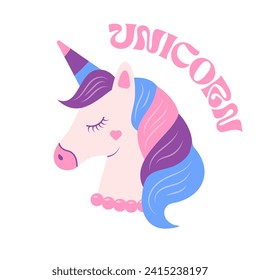 Cute fantasy unicorn, fairy tale for baby. Kawaii beautiful unicorn head with horn. Vector illustration	