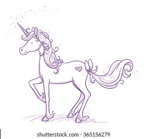 Cute fantasy unicorn with flowers and ribbons. Hand drawn vector cartoon doodle illustration