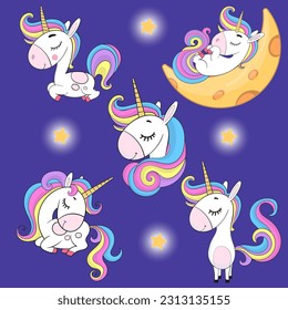 Cute fantasy unicorn set. Vector character isolated. For Print design, t-shirt or sticker. Baby unicorn illustration for children.