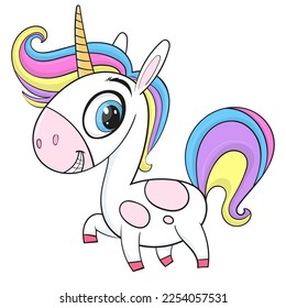 Unicornio de fantasía. Carácter vector aislado en fondo blanco. Diseño de impresión para camisetas o pegatinas. Ilustración de unicornio para niños.