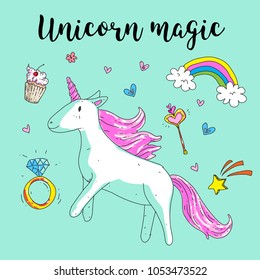 Cute fantasy unicorn. Vector illustration with rainbow, princess elements, flowers, hearts, diamonds. For kids pattern, children room, stickers, embroidery.