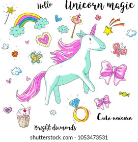 Cute fantasy unicorn. Vector illustration with rainbow, princess elements, flowers, hearts, diamonds. For kids pattern, children room, stickers, embroidery.