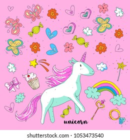 Cute fantasy unicorn. Vector illustration with rainbow, princess elements, flowers, hearts, diamonds. For kids pattern, children room, stickers, embroidery.