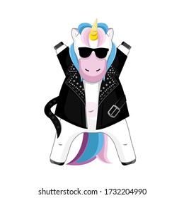 Cute  fantasy vector illustration of rock star unicorn isolated on white background for t-shirts, poster, print or fashion style design. Funny cartoon character of Rock or Happy birthday party