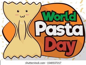 Cute farfalle pasta with tender face celebrating in a party with confetti the World Pasta Day in flat style and long shadow.