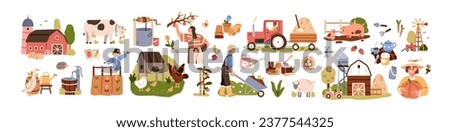 Cute farm, agriculture works set. Rural farmers life with domestic animals, hen, cow, harvest, vegetable garden, barn. Organic natural husbandry. Flat vector illustrations isolated on white background