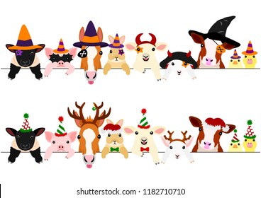 Cute Farm Animal Babies Border Set With Halloween Costumes And With Christmas Costumes