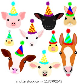 cute farm animal babies face with party hat set