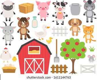 Cute farm animal cartoon set. Vector illustration. Adorable ranch animals clip art. Livestock characters flat style design. Barn, horse, cow, pig, sheep, goat, chicken, duck, milk, fences, dog, cat.