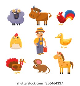 Cute Farm Animal Collection. Colourful Vector Illustration Set