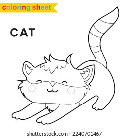 Cute farm animal coloring page. Cute and funny orange cat stretching its body cartoon character. Coloring worksheet for preschool children. Vector illustration. The orange cat.