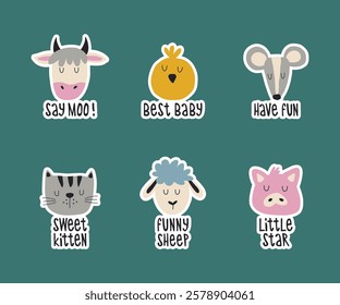 Cute farm animal faces with funny lettering set. Сow, pig, sheep, chicken, mouse and cat hand drawn sticker pack.