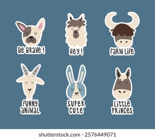 Cute farm animal faces with lettering diary sticker set. Hand drawn children's illustrations with wild animals.	