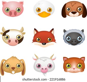 Cute farm animal faces like: Fox, Dog, Duck, Cow, Rabbit, Goat, Sheep, Pig and Lamb vector illustration.