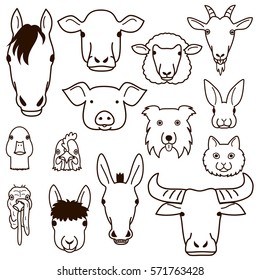 cute farm animal faces line art set