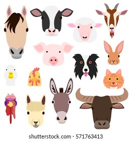 cute farm animal faces set