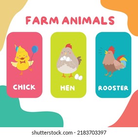 Cute Farm Animal Flashcards For Children. Printable Colourful Game Cards. Preschool Education. Vector Illustration.