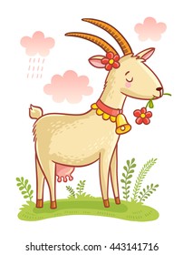Cute Farm Animal, Goat. Colorful illustration of Cartoon Goat.