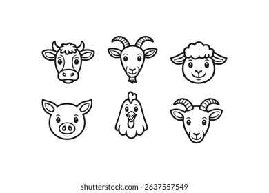 Cute Farm Animal Line Icons