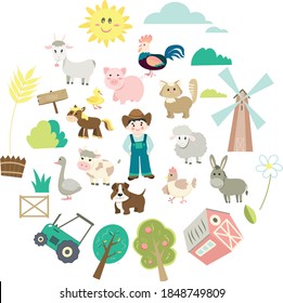 cute farm animal set in flat style on isolated background. Cartoon animals collection, farmer, barn, trees, tractor, mill, pointer